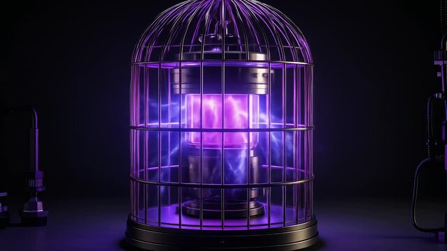 Glowing purple device in metal cage