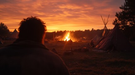 Sunset over a nomadic camp with a large bonfire, people silhouetted against the fiery sky