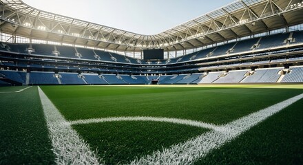 Fototapeta premium Sunlit Modern Stadium Awaits, a Grand View from the Corner Line