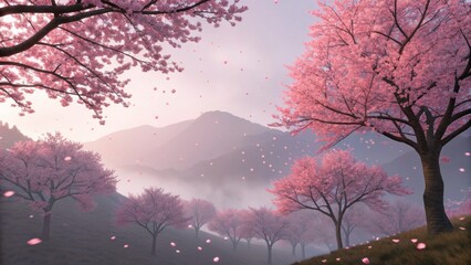 Stunning cherry blossom trees in full bloom with petals falling softly on a misty mountain landscape