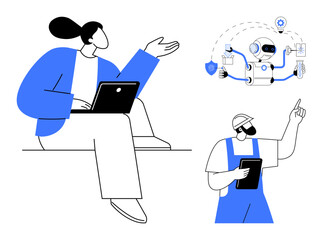 Woman with laptop sharing ideas, robot emphasizing AI and automation, engineer with tablet analyzing data. Ideal for teamwork, technology, innovation, AI, engineering, communication digital