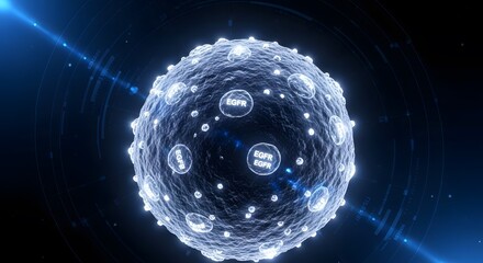 A glowing, translucent sphere with intricate surface details and internal glowing particles, set against a dark, futuristic background with light streaks.