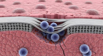 Detailed 3D rendering illustrating a wound or tear in layered biological tissue, with spherical cells or particles interacting within the damaged area.