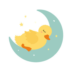 Fototapeta premium Cute yellow duck sleeping peacefully on a crescent moon, surrounded by stars.