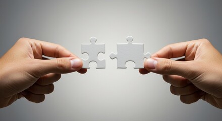 Two Hands Connecting Two White Puzzle Pieces: Teamwork, Collaboration, and Problem-Solving Concept. High-Resolution Image Perfect for Business, Marketing, and Presentation Designs. Represents Conne...