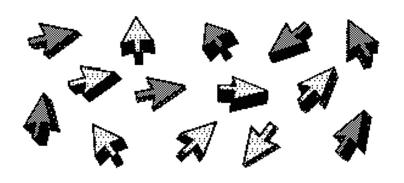 3d pixel cursor game icon. Arrow pointer set. Y2k mouse cursor retro style. Pattern black and white mouse arrow. Vector pixel illustration