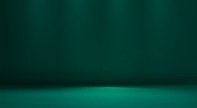 Dark green studio room. Limbo abstract background. 3d backdrop for product presentation. Minimal wall scene. Showcase, promotion display. Vector mockup illustration New year, Christmas design
