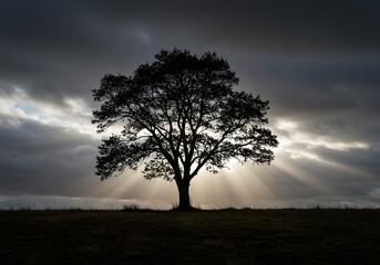 Obraz premium A solitary tree stands silhouetted against a dramatic sky with sun rays breaking through the clouds.