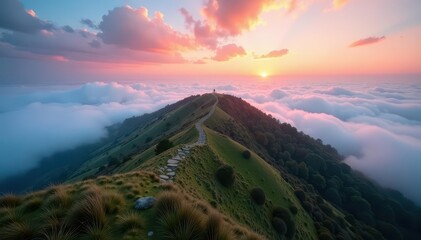 Rivington Pike summit, clouds below, misty landscape, overcast, British