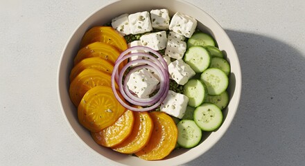 A bowl with golden beets, feta cheese, red onion rings, and sliced cucumbers on a white surface