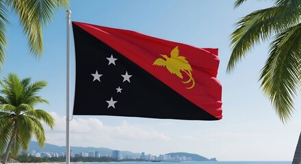 Vibrant Papua New Guinean Flag Framed by Palms on a Sunny Coast