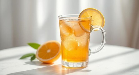 Fototapeta premium lemon honey tea with lemon slice in a glass cup