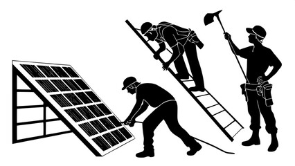 "Black silhouette figures representing solar energy workers installing and servicing panels, using tools and coordinating on-site, in a flat iconographic style with high visual contrast on white."