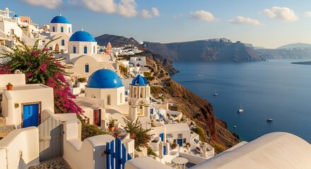 Obraz premium Aegean Sea View Whitewashed Houses, Blue Domes Luxury Villas