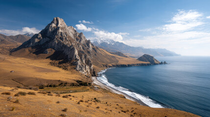 in breathtaking summer landscape rocky cliffs rise majestically against clear blue sky showcasing natural beauty of