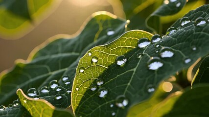 detailed 4k vertical footage of dewdrops resting on fresh green leaves under summer sunlight capturing the intricate texture and calm essence of morning nature with macro botanical precision - Powered by Adobe
