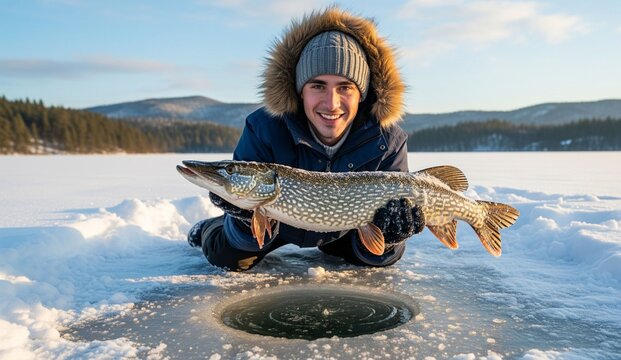 A man proudly showing a salmon fish he caught from a whole in a frozen lake - Powered by Adobe