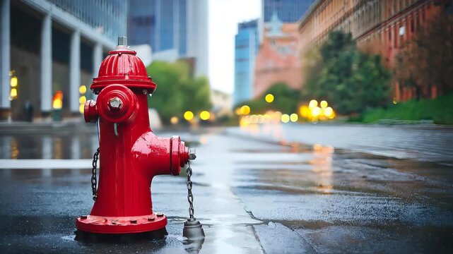 Red Fire Hydrant on Wet Urban Street: A Cityscape Perspective with Rainy Weather