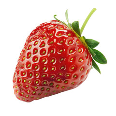 Close-up of a single, glossy red strawberry.  Bright, juicy, and fresh.  Green leaves and stem attached
