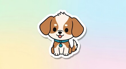 A cartoon dog sits against a blurry rainbow background