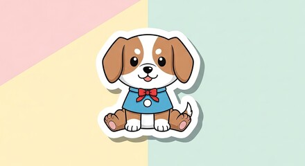 A cartoon dog sits wearing a blue shirt and red bow tie on a pastel colored background