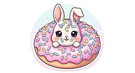 A cute bunny peeks through a pink sprinkle donut