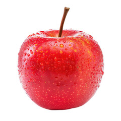 A bright red apple, whole and in focus, is featured against a black background.  Water droplets are visible on its smooth, slightly textured skin. A stem is attached to the top