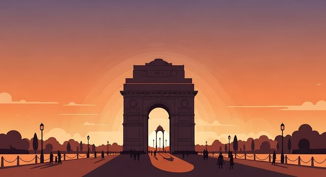 India Gates Majestic Silhouette Against a Warm Gradient Sunset Sky.