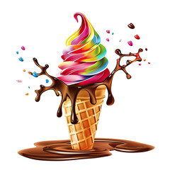 Rainbow ice cream cone with melted chocolate splash