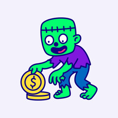 Happy Zombie Collecting Gold Coin Halloween Vector