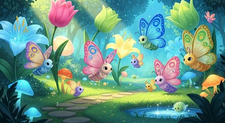 A whimsical garden scene with cute cartoonlike butterflies colorful flowers various mushrooms and a stone pathway