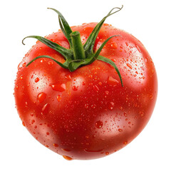 Close-up of a single, ripe, red tomato.  Water droplets cling to its surface.  Stem and leaves are visible