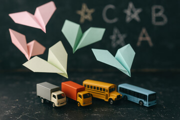 Colorful paper airplanes flying above toy vehicles in classroom, creative learning concept with educational chalkboard background