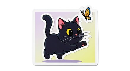 Animated black cat leaping at a yellow butterfly stickerstyle on soft gradient background