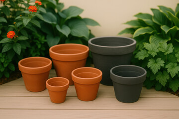 Obraz premium Assorted empty terracotta and black ceramic plant pots arranged on wooden deck with lush green foliage background in garden setting