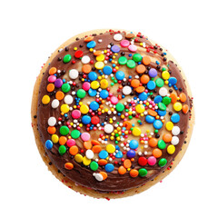 Top-down view of a round, frosted donut, densely covered in colorful sprinkles and small candies
