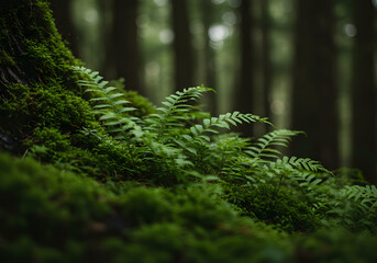 Lush green ferns sprout from mossy forest floor, nestled amongst towering trees in a dark, moody woodland.
