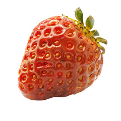 Close-up of a single strawberry, vibrant reddish-orange hue, noticeable tiny seeds/pits covering the skin.  Fresh, glossy appearance. Green leafy top.  Isolated against black background