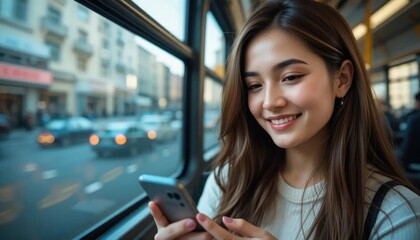 Smiling young woman uses a smartphone while riding public transportation.