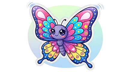 Cartoon butterfly with big eyes patterned wings outlined in white against an outoffocus greenblue circle backdrop