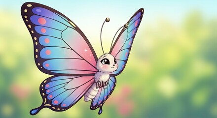 Fototapeta premium Cartoon butterfly with pink and blue wings gold accents and an animal face on a soft green background