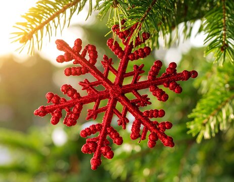 Festive red snowflake ornament on a branch - Powered by Adobe