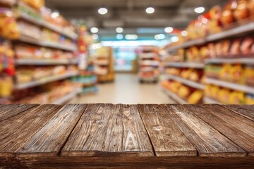 Fototapeta premium Wooden table top in front of a blurry supermarket aisle