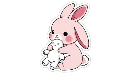 Obraz premium Cartoon pink bunny holding a white stuffed toy