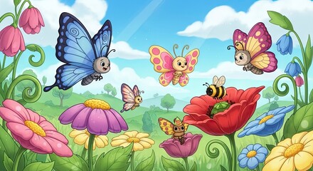 Obraz premium Cartoon scene with colorful flowers cheerful butterflies and a bee on a poppy against a blue sky backdrop