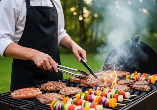 Photo of man in apron grilling meat and vegetable skewers on a barbecue grill with flames and smoke rising, outdoor summer party food