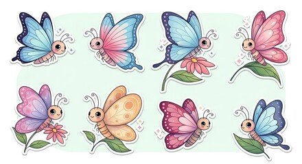Eight cartoon butterfly sticker designs each on a plant or flower set against a pale green background