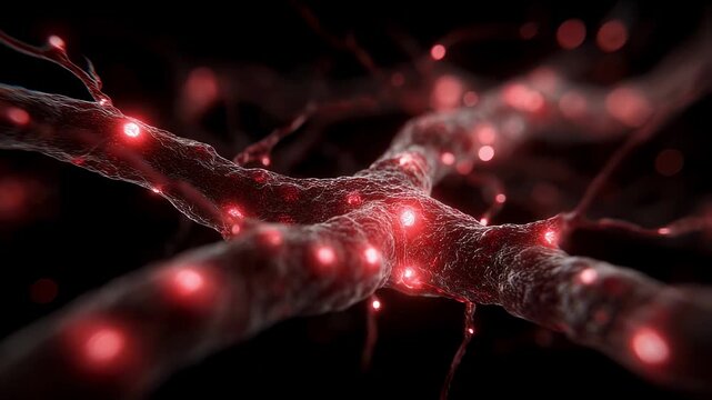 Highdetail 3D visualization of widespread capillary rupture with glowing crimson spots signaling extensive microbleeding in fragile blood vessels.
