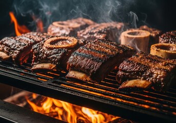 Photo of closeup view of juicy beef ribs cooking on a hot grill with flames and smoke, a delicious outdoor barbecue meal