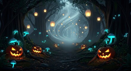 Halloween forest path with glowing pumpkins mushrooms  lanterns amid misty trees